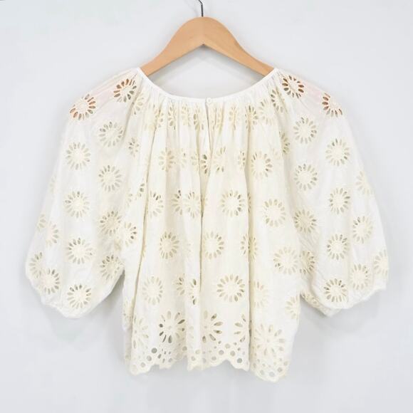 NWT Madewell Embroidered Shirred Puff-Sleeve Top In Floral Eyelet Ivory Size XXS - Picture 4 of 10